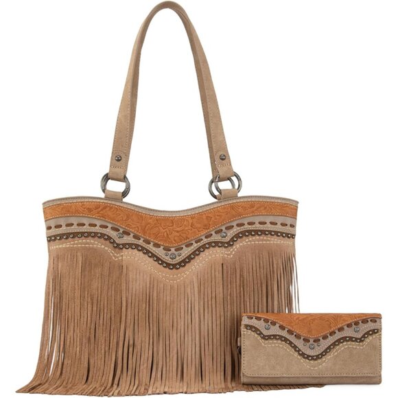 Elegant Tan Vegan Leather Western Tote Bag & Wallet Set with Fringe Detail - Picture 1 of 6